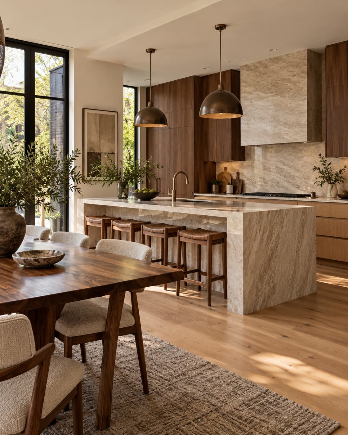 Warm wood kitchen with stone island and dining area